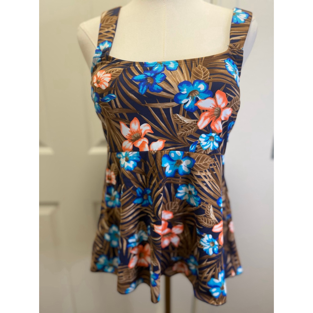 Lands’ End Flutter Tankini Top Small Deep Sea Navy Tropic Palm UPF 50 Adjustable